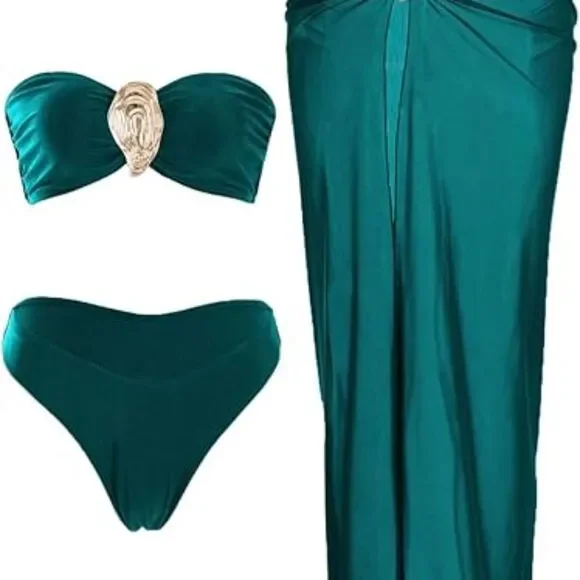 Women's Strapless Bandeau Swimsuits High Waisted Bikini Sets with Beach Sarong S - Picture 1 of 6